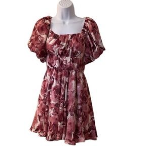 Francescas Floral Square Neck Puff Sleeve Mini Dress Burgundy White Size S